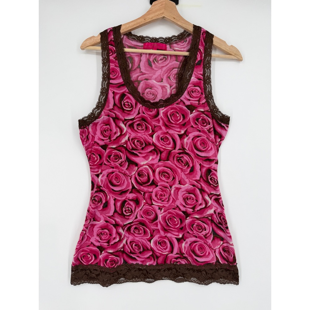 Almost Famous Pink Rose Print Lace Trim Tank Top